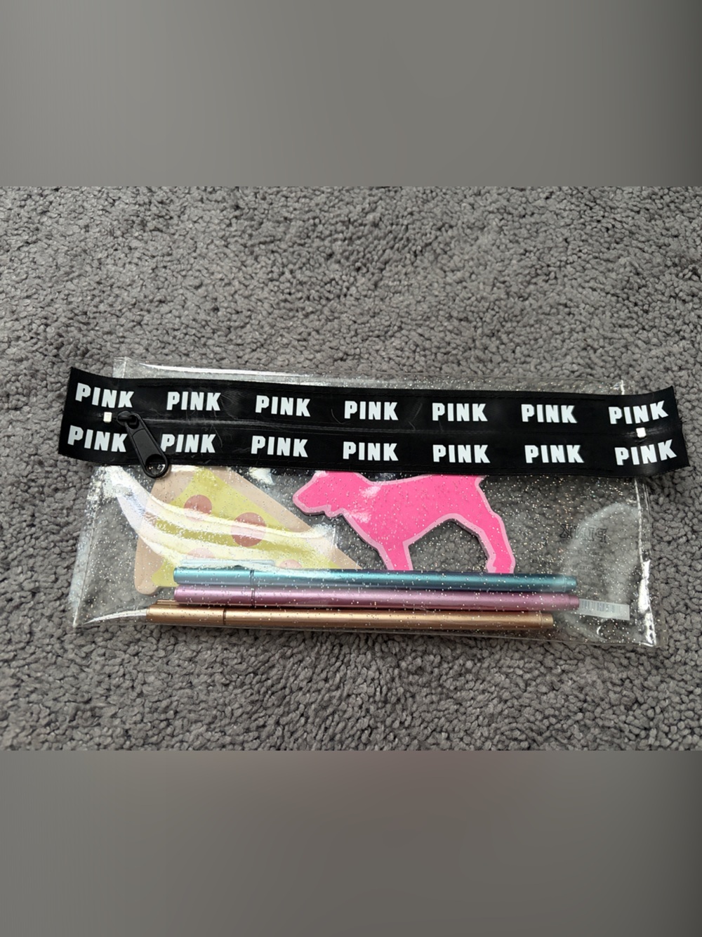 PINK Victoria's Secret Clear Glitter Pouch with Pink Dog Charm and Metallic Pens